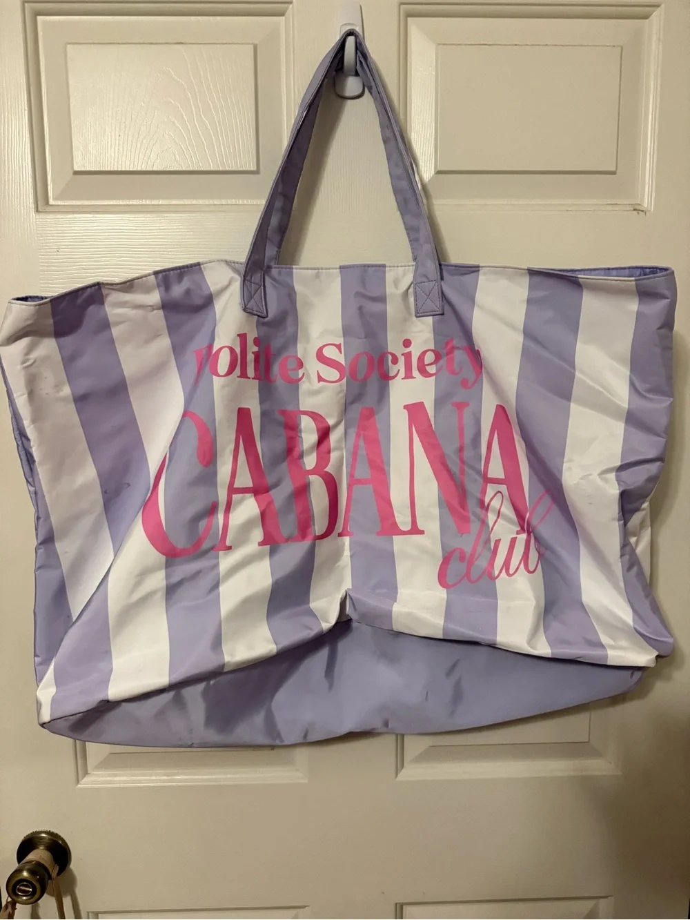 Polite Society Lavender & White Striped Cabana Tote Bag with Pink Logo